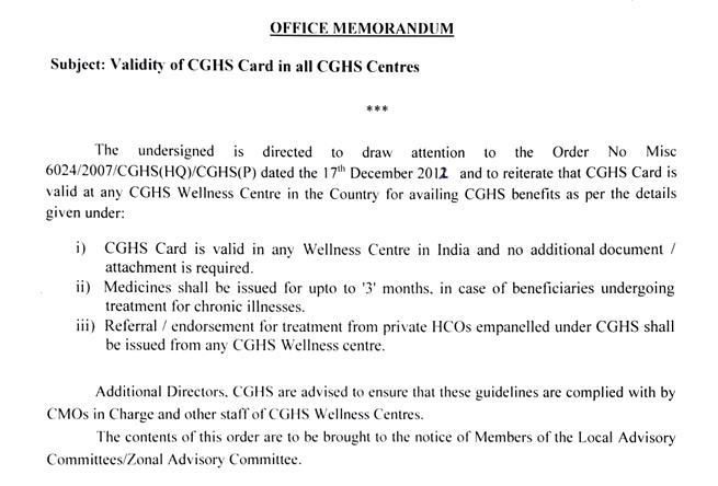 validity of cghs card in all cghs centres